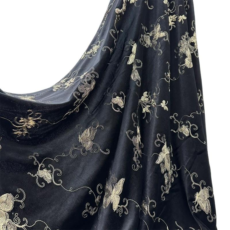 Black Color Flower Printed Embroidered Velvet Fabric African Jacquard Fabrics for Cheongsam Dress Clothing 130cm Width