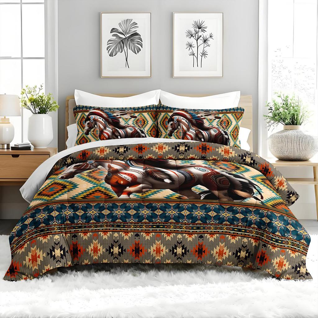 3PC Western Horse Aztec Native American Duvet Set with 2 Pillowcases for Bedroom Or Guest Room Comforter Set