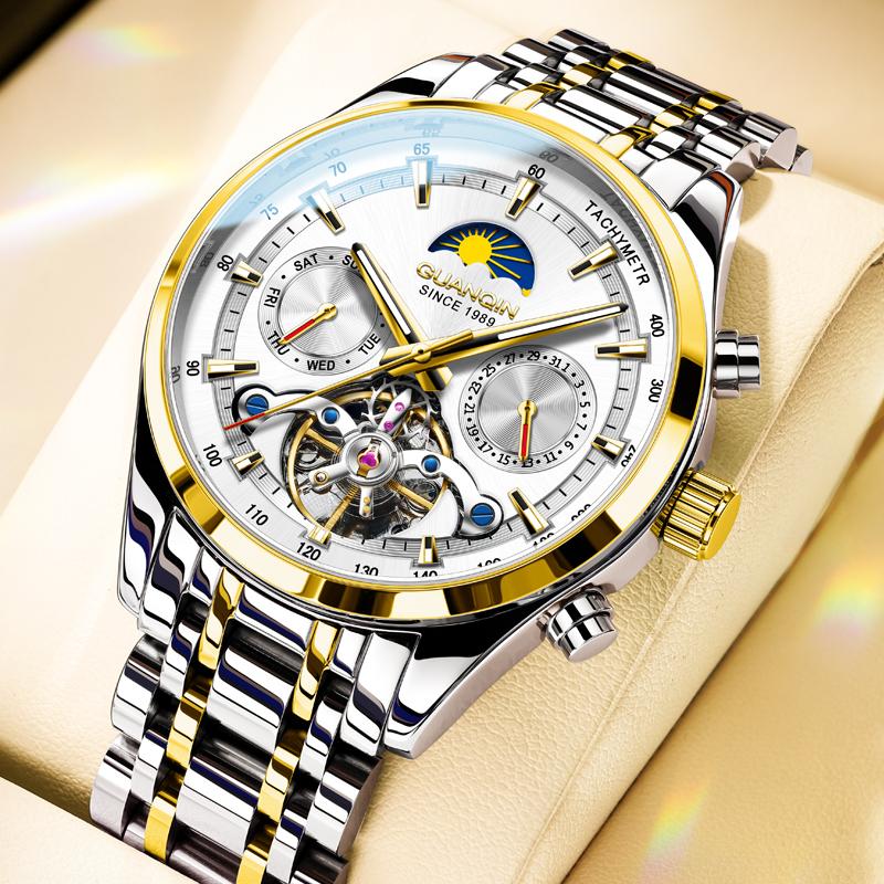GUANQIN Men's Watches Luxury Fashion Fine Steel Original Automatic Mechanical Wristwatch Waterproof Luminous Moon Phase Calendar