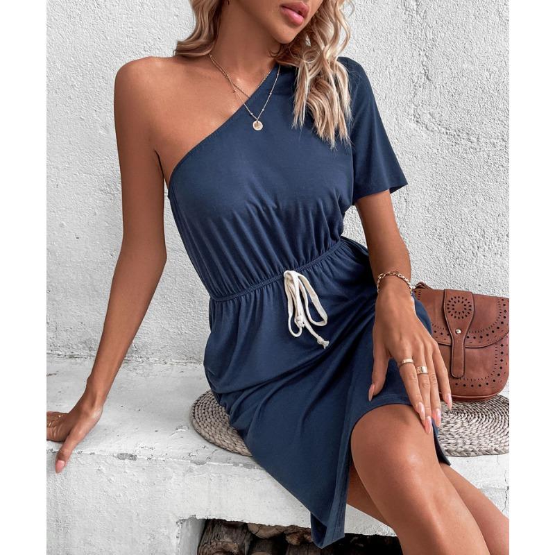 YYFS Dámská móda Léto Jaro Jednobarevný potisk Neformální šaty s krátkým rukávem a šikmým límcem s vysokým pasem