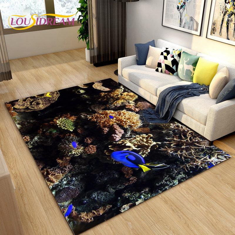 3D Seabed Illusion Underwater World Dolphin Shark Area Rug,Carpet Rug for Living Room Bedroom Sofa Doormat,Non-slip Floor Mat