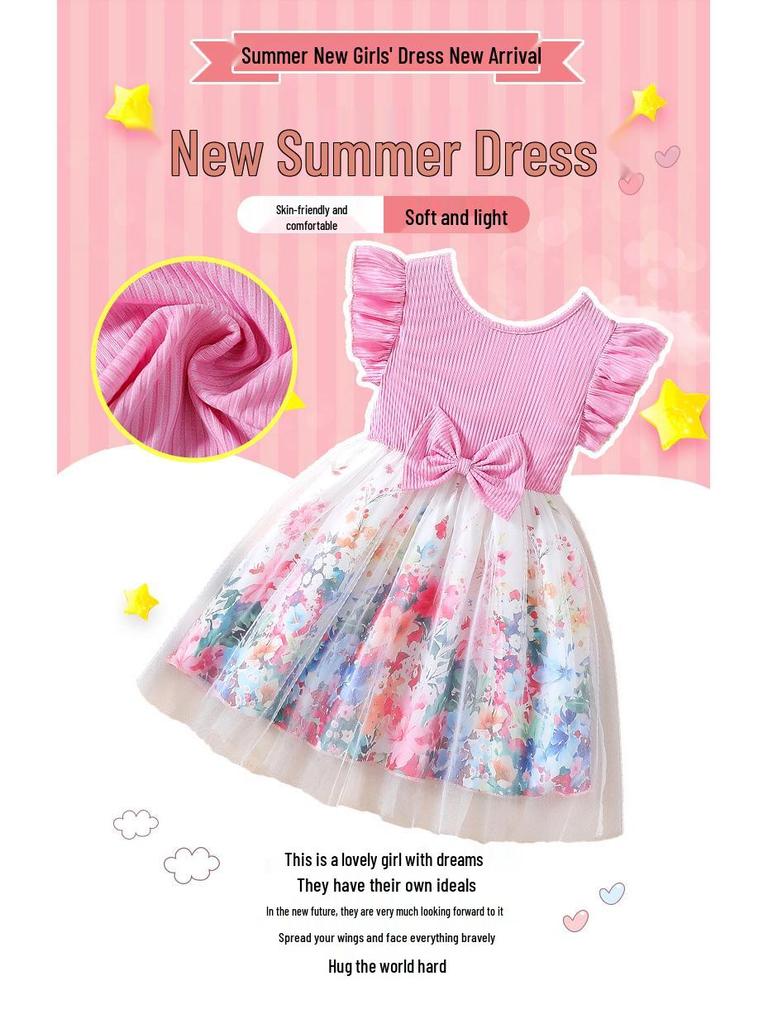 Girls' Summer Cap Sleeve Mesh Princess Dress with Waist Bow