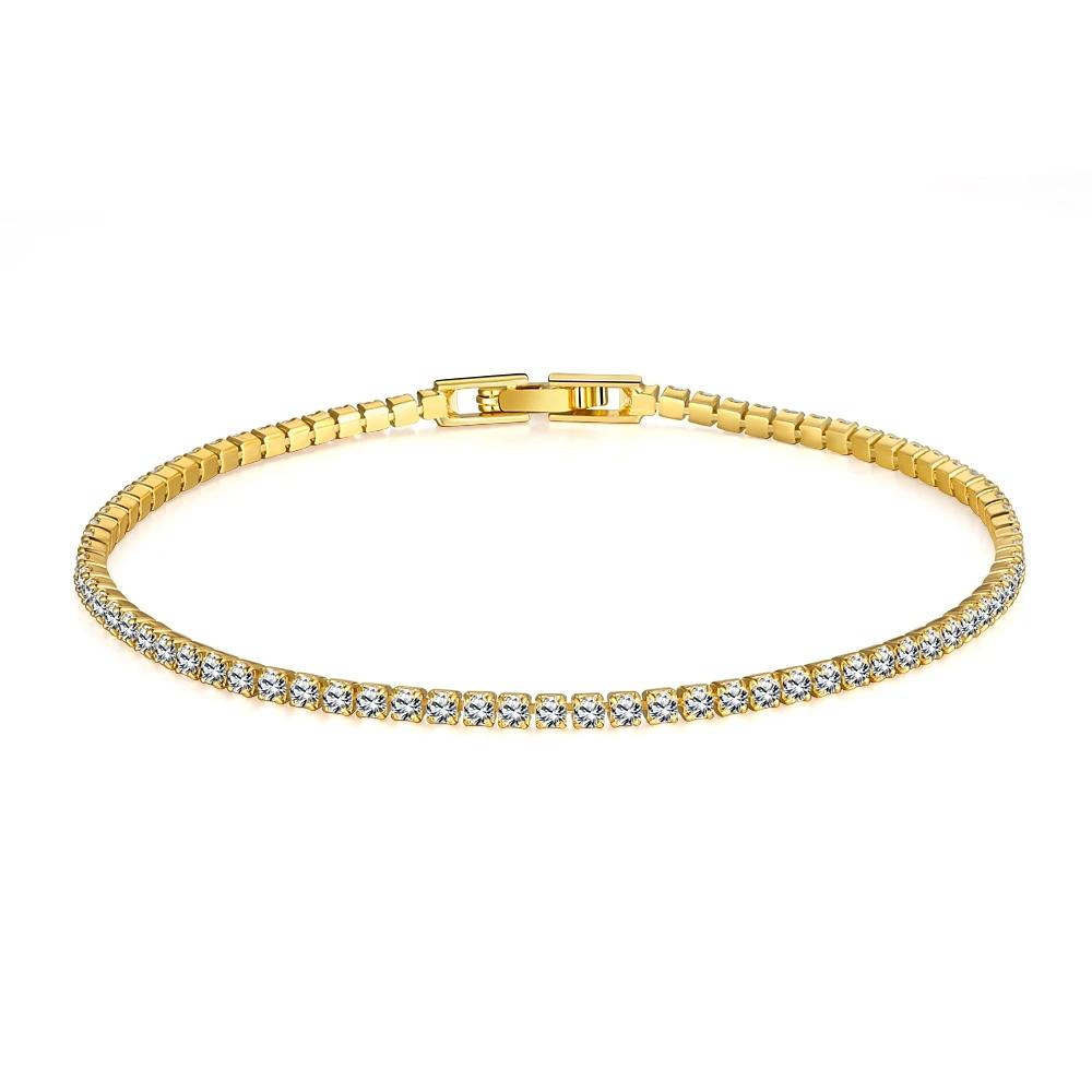 Pure 925 Silver Jewelry 2MM Tennis Bracelet 16-19CM Zirconia 18K Gold Anniversary Gift Real Sterling Silver Bracelet 16cm