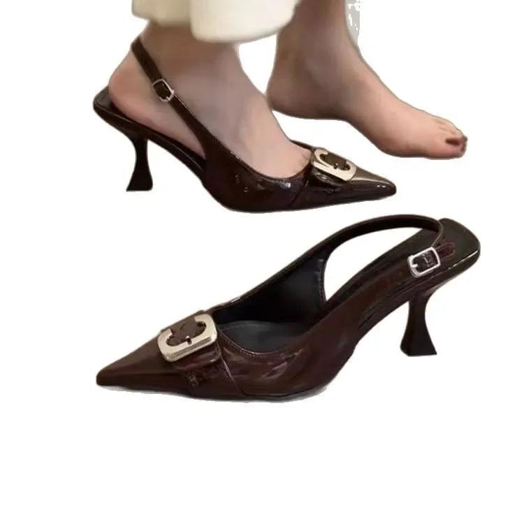 Fashion Spring Commute Women's High Heels Patent Leather Thick Heel Sharp Pointed Toe Slip-On Shoes Simple Style Rubber Sole Footwear