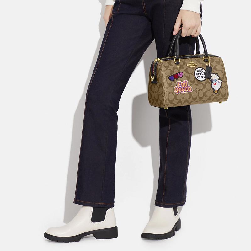 Coach X Disney Rowan 27 Classic Monogram Zipper Closure Cartoon Logo Patchwork Shoulder Crossbody Tote Bag Large Women Handbags Dark-Khaki CC149-IME7V
