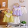 Girls' Summer Big Bow Tulle Skirt Two-Piece Set - Casual Summer Outfit for Baby Girls