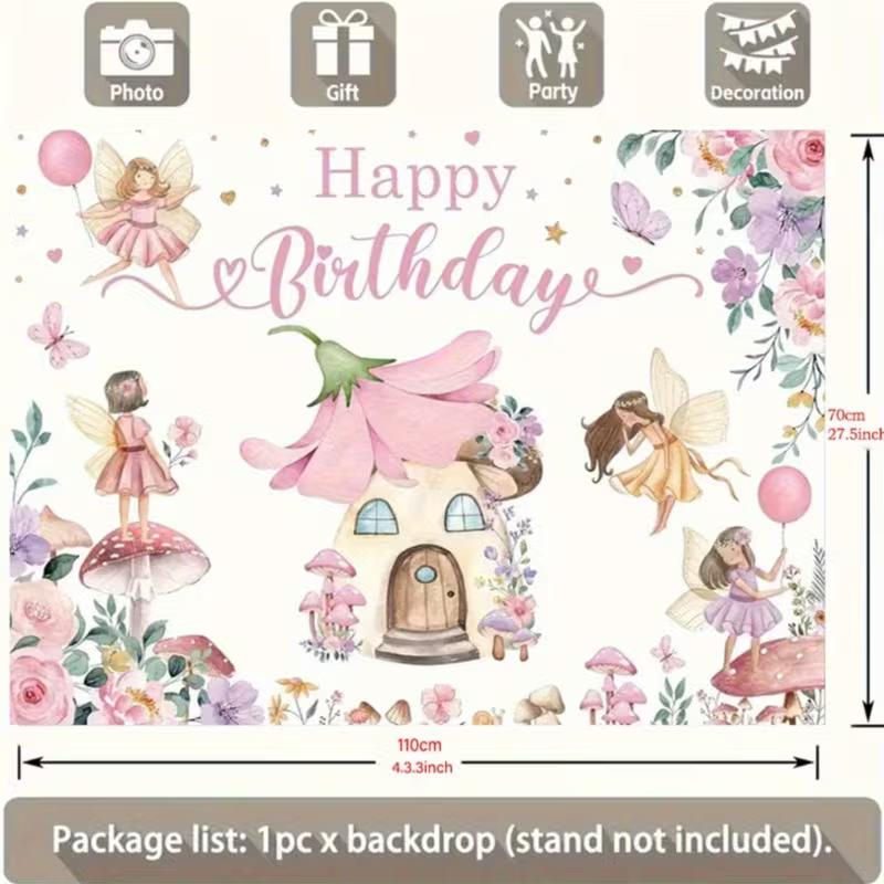 2D Magical Fairy Birthday Tapestry, Floral Mushroom Wall Decor for First Birthday Party