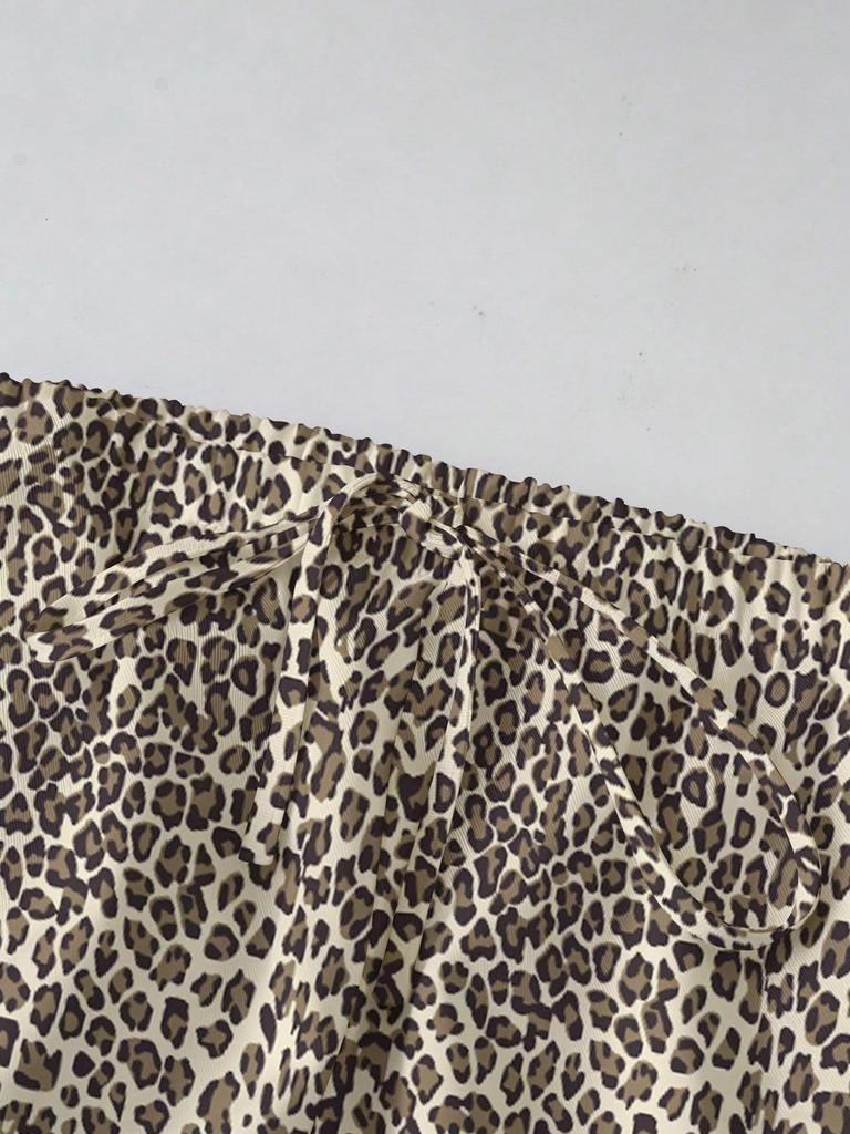 Women's Plus Size High Waist Leopard Print Wide Leg Pants - Summer Casual European American Style