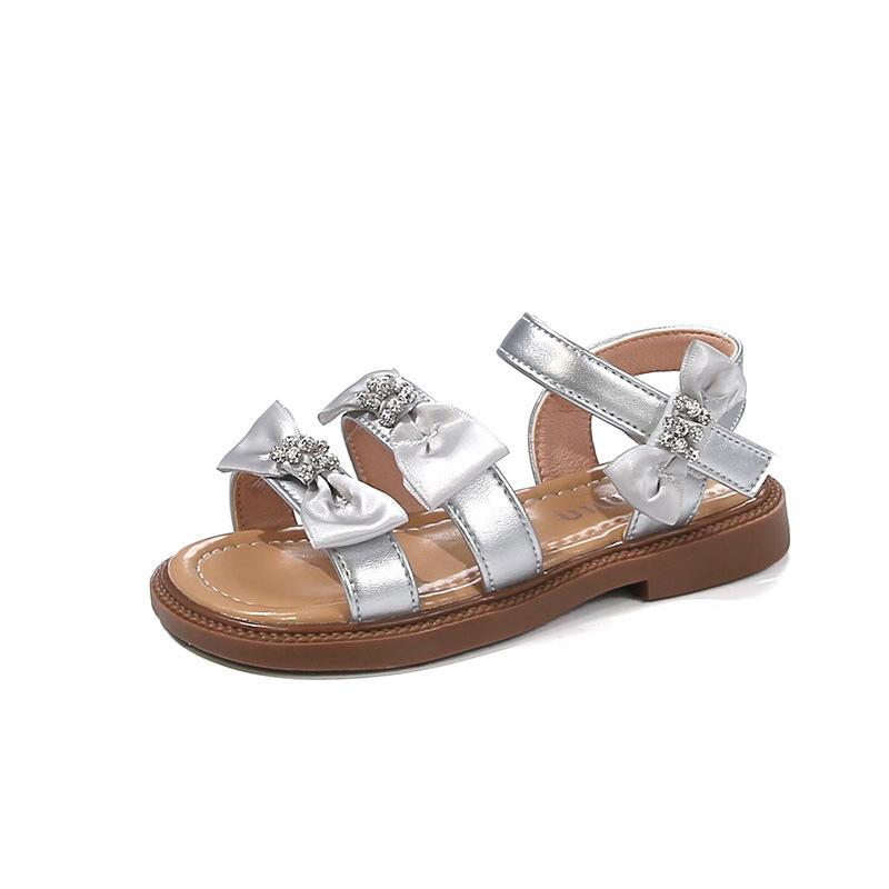 

Summer Baby Girl Princess Sandals Soft Sole Open Toe Bowknot Solid Kids Beach Shoes size 22 серебряный