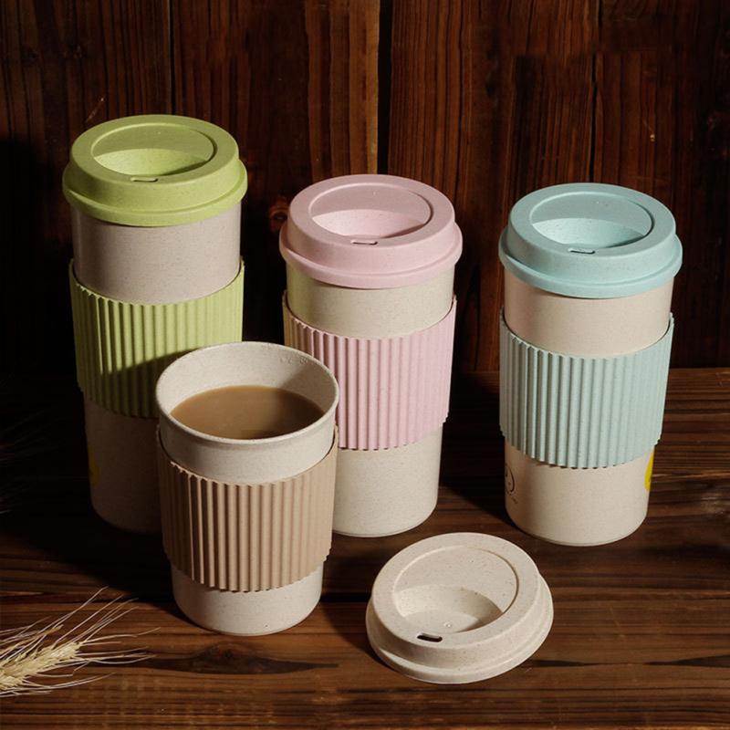 Reusable Coffee Tea  Cup Wheat Straw Mug Coffee Cup With Lid Home Outdoor Water Bottle