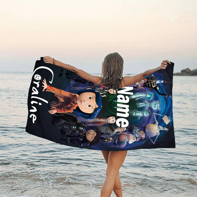 1pc Coraline2 Beach Towel with Custom Name, Beach/Swimming/Bath/Picnic/Camping Towel, Suitable for Seaside Beaches