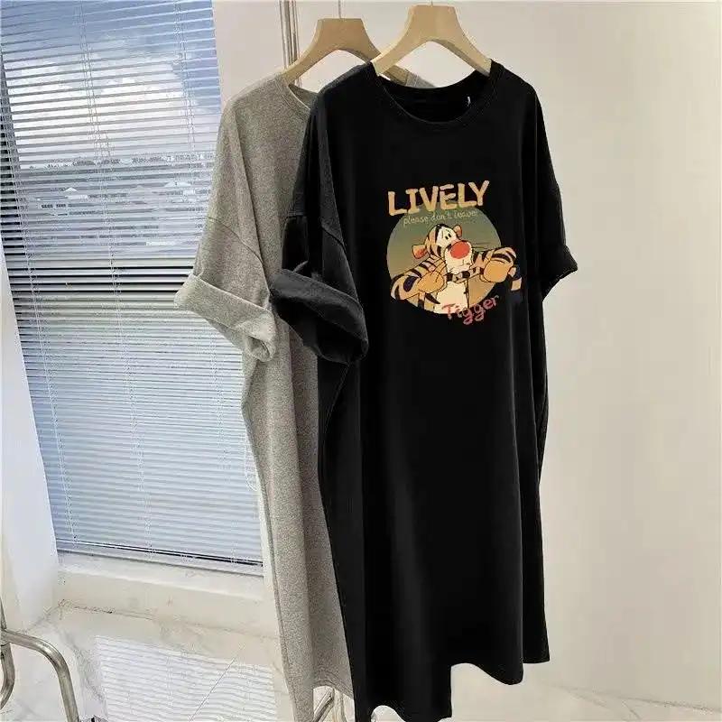 T-shirt Women Casual Large Size Loose Round Neck Pullover Short-sleeved Long Tops