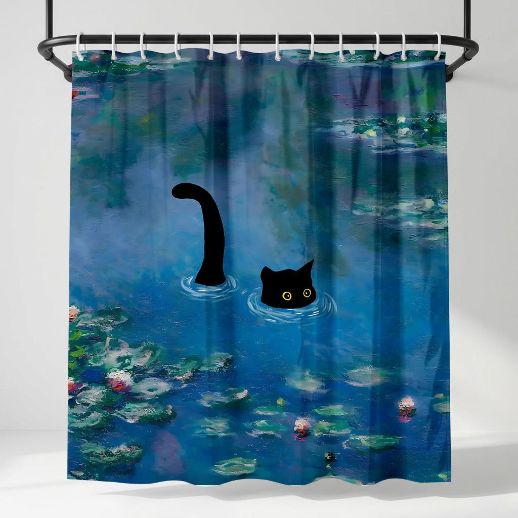 

Impressionist Black Cat Water Lily Shower Curtain - Creative Monet Style Art - Indoor Home Bathroom Decor Artistic Bath Curtain W60H190(CM)-1 Pcs