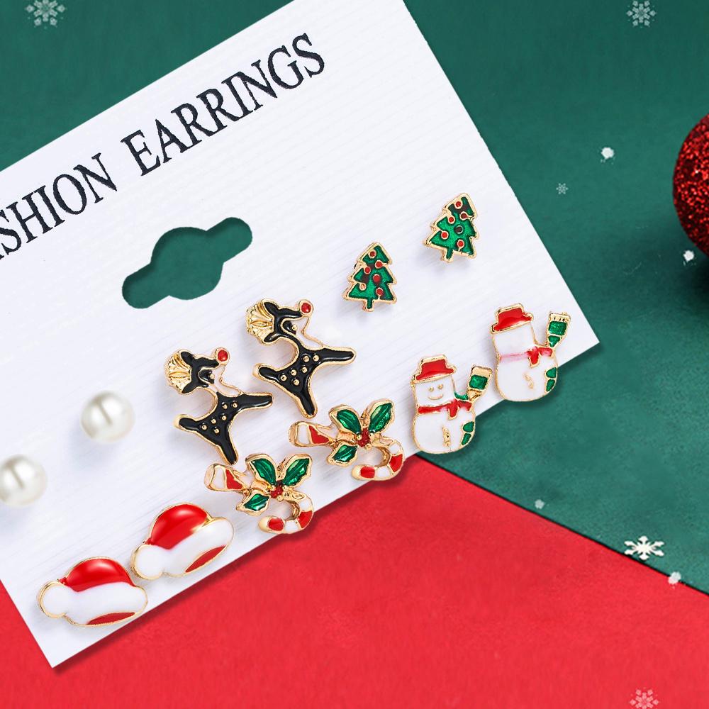 6 Perechi De Cercei De Crăciun Cerb De Crăciun Pălărie De Crăciun Brad Om De Zăpadă Picurare Ulei Desen Animat, Cercei Dulci Și La Modă