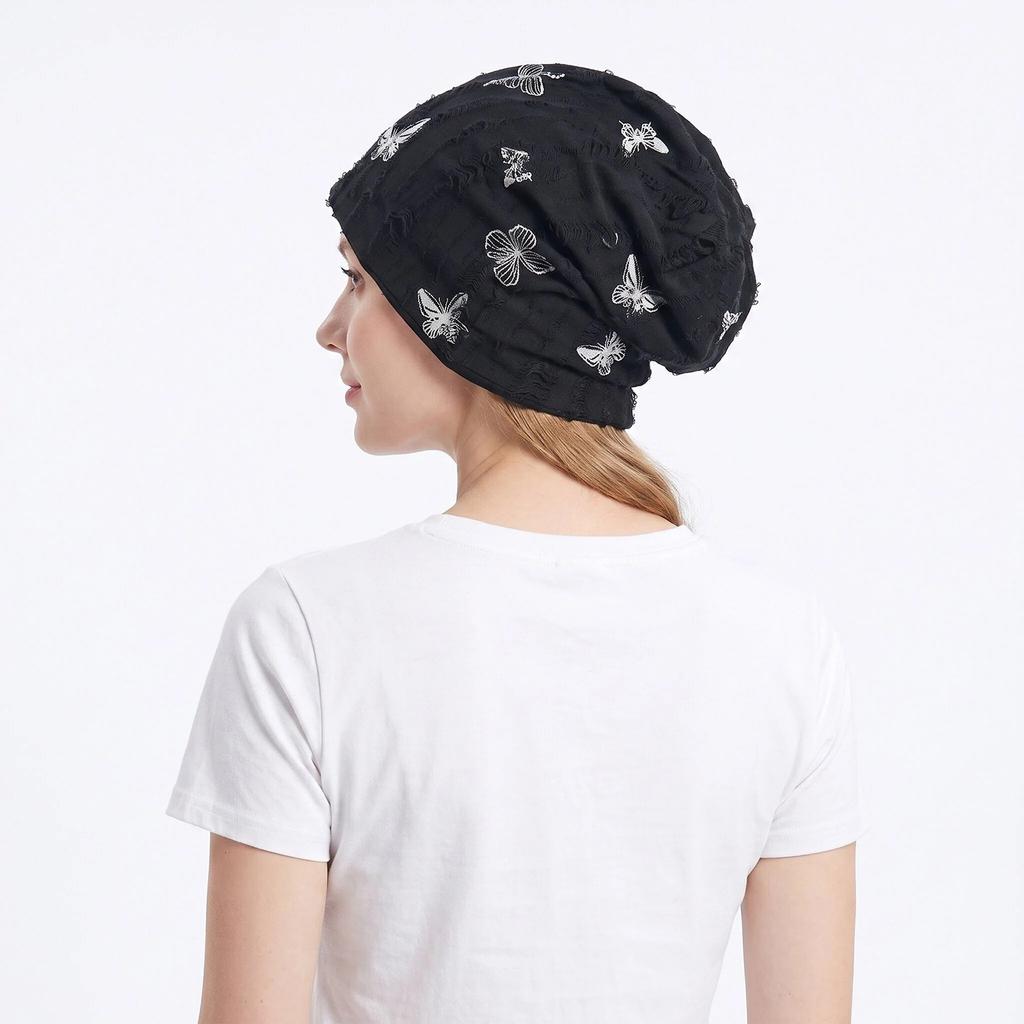 Women's Butterfly Print Pleated Stretchy Turban Headwrap Casual Snood Hat