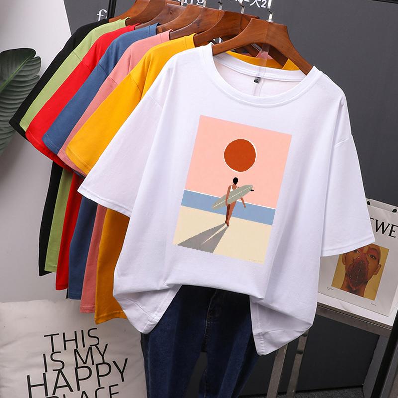 Printed O-neck Short Sleeve T Shirt Women Vintage Graphic Pullover Tees Female Leisure Clothing