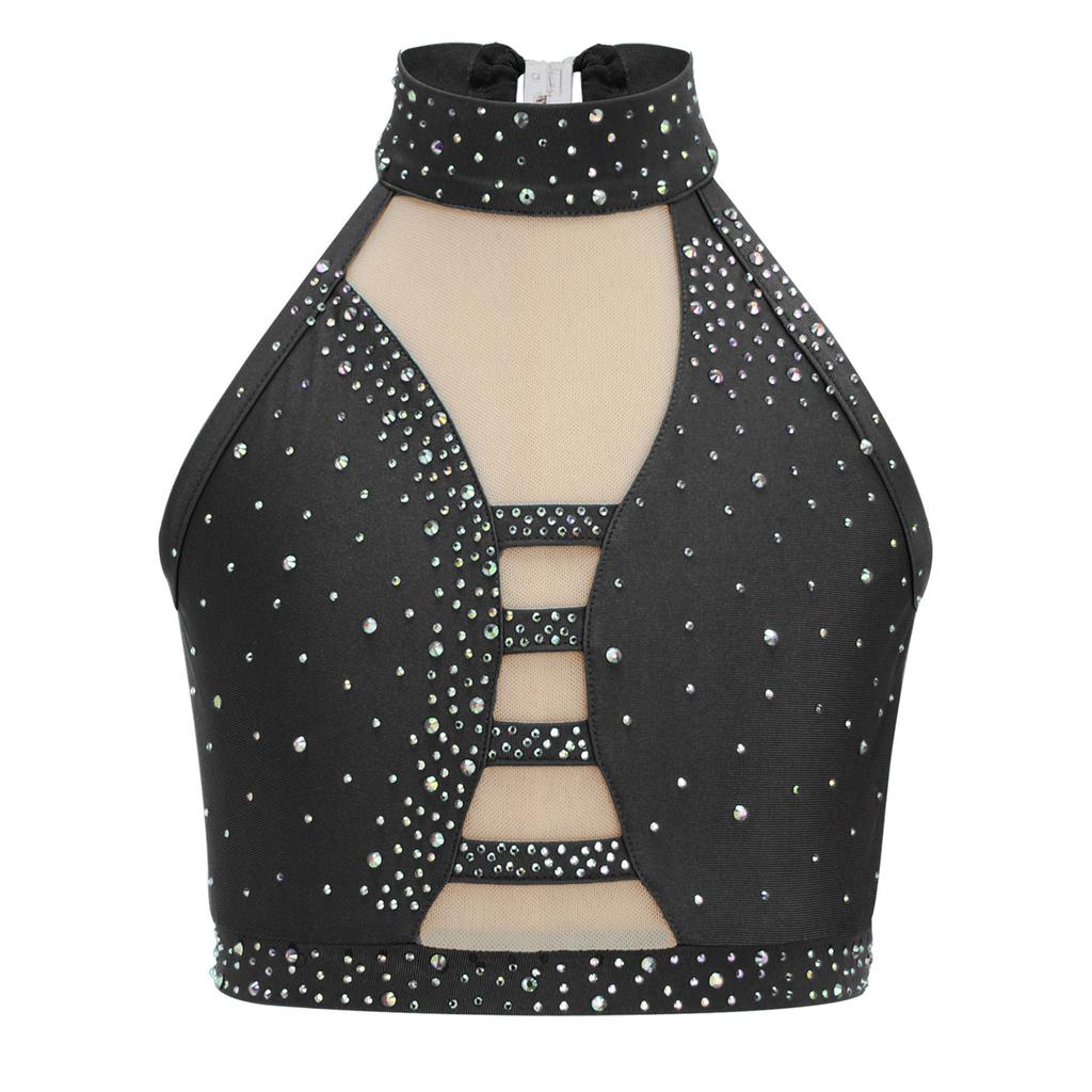 Jenter Latin Dans Crop Top Stroppløs Ermeløs Kryssrygg Mesh Patchwork Glitrende Strass Vest