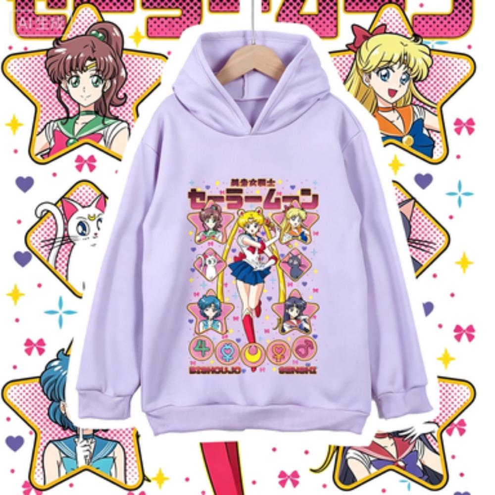 Kinder Anime Baumwoll-T-Shirt Sailor Moon Charaktere Aufdruck Unisex Hoodie Sweatshirt für Jungen Mädchen 100-160cm Höhe