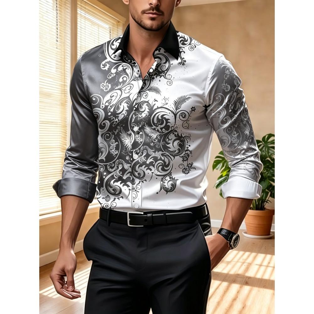 Men's Contrasting Baroque Printed Long Sleeved Shirt, Slim Fit Collar Shirt, European and American Party Trend Men's Top