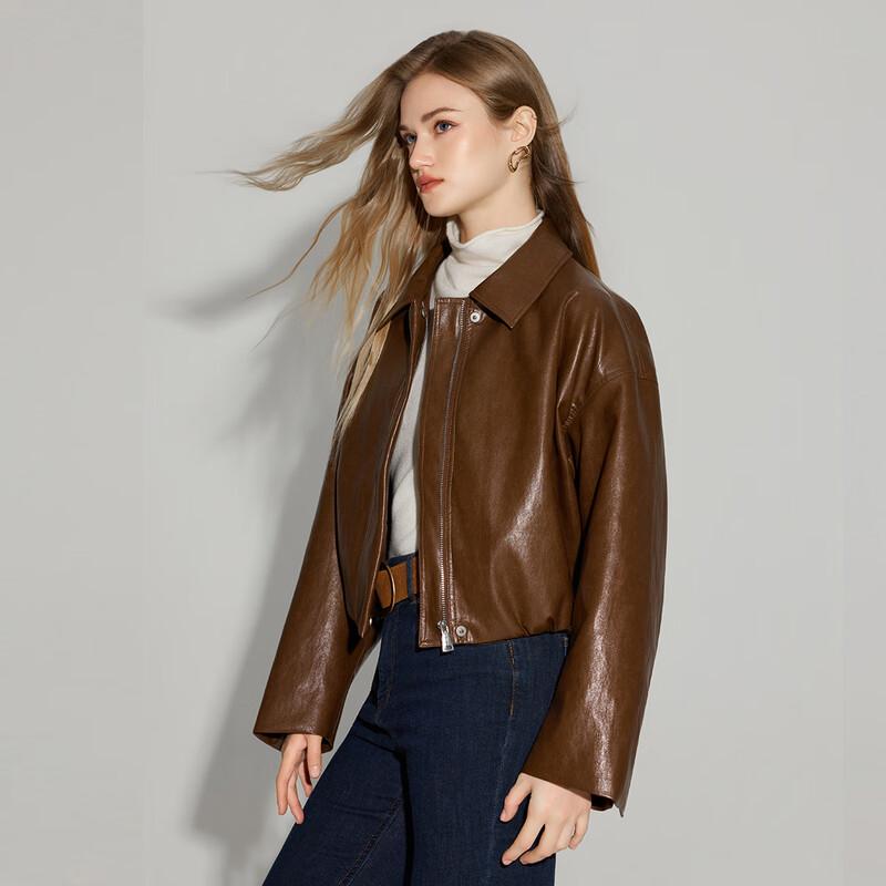 Damska Krótka Kurtka Retro ze Skóry PU z Długim Rękawem