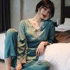 Women’s Korean Style Ice Silk Pajama Set Long Sleeve Top and Pants Spring Summer Autumn Lightweight Loungewear