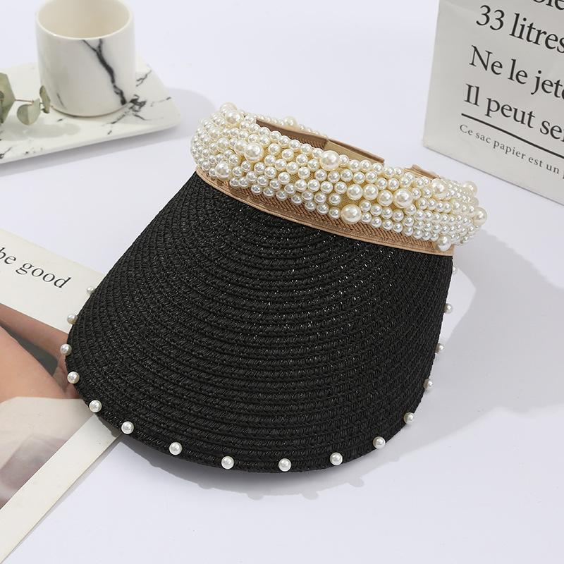 

Straw Woven Pearl Empty Top Hat Summer Korean Style Outdoor Sun Hat Cycling Lafite Grass Hat UV Protection Visor