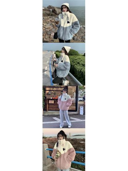 Damen Lammwollmantel - Locker, verdickt Patchwork für Herbst/Winter 2025, Koreanischer Stil für Studentinnen