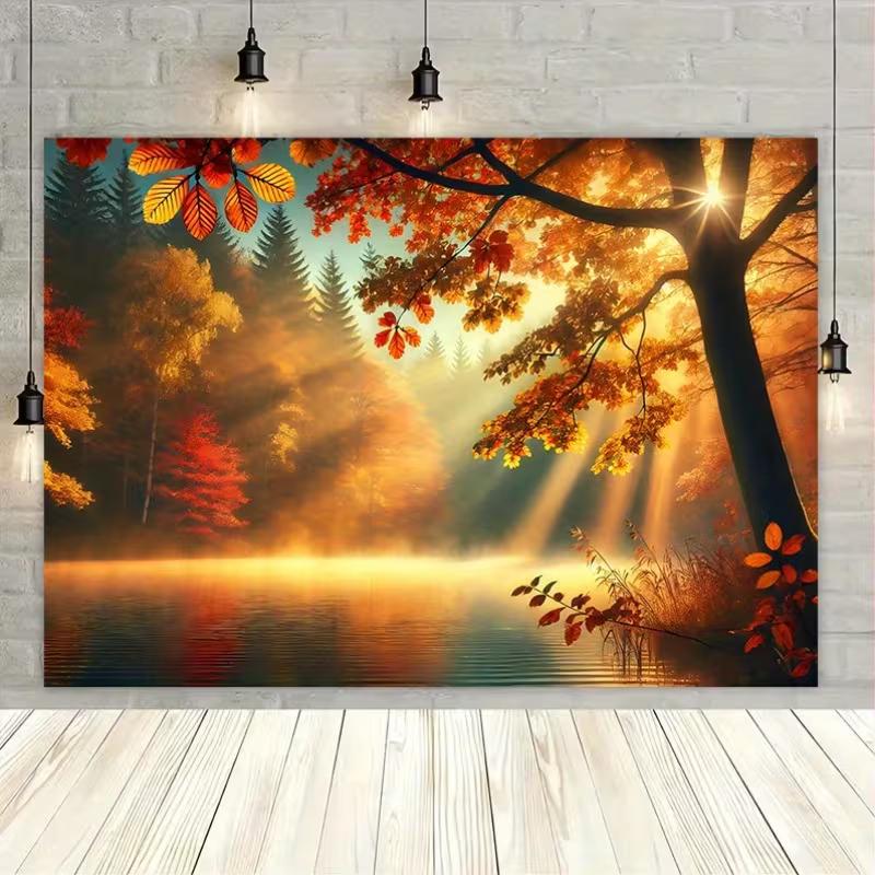 2D Enchanted Autumn Forest Lake Photography Background