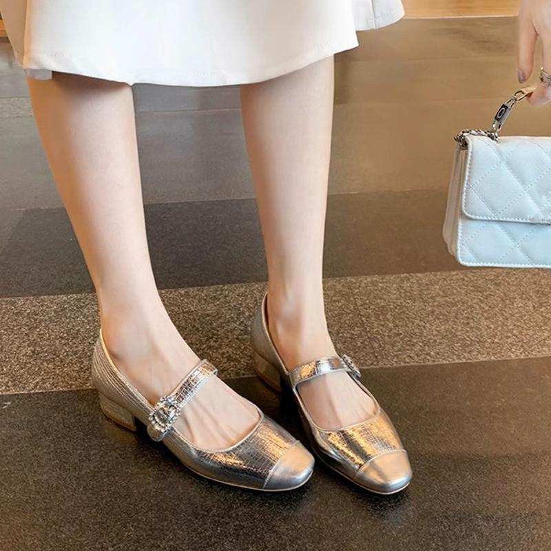 Leather Version Shoes Silver Mary Jane Shoes Women's Thick Heel Versatile Light Mouth Single Shoes Round Head Rhinestone Buckle French High Heels