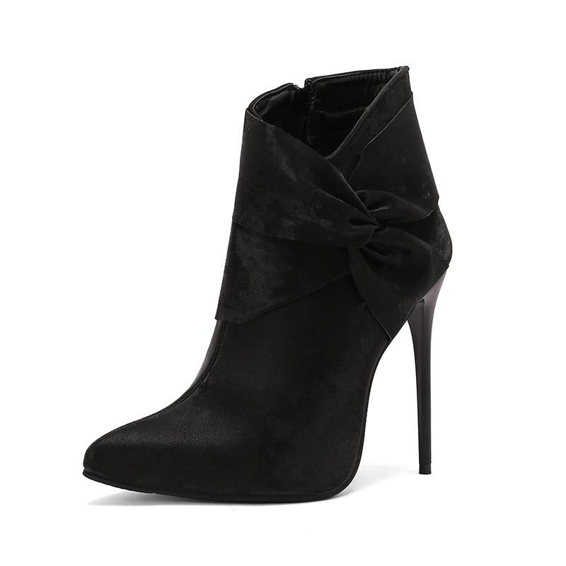 12cm Sexy Stiletto Women's Ankle Boots Twine Bowknot Decor Shoes Super Thin Heels Cloth Short Boots