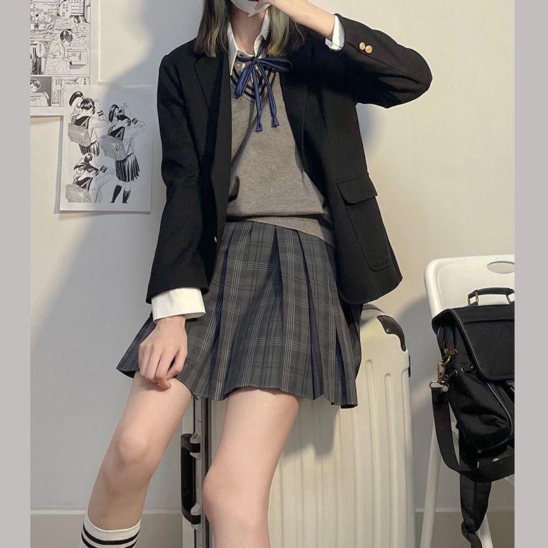 Tsu-chu Original Japanese Style Slimming Pleated Plaid Skirt School Uniform Set with White Top