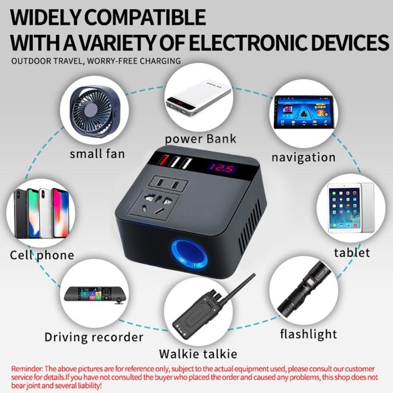 150W Car Power Inverter 12V/24VDC To 220VAC Converter with Three USB Charging Ports USB Car Outlet Adapter for Vehicle