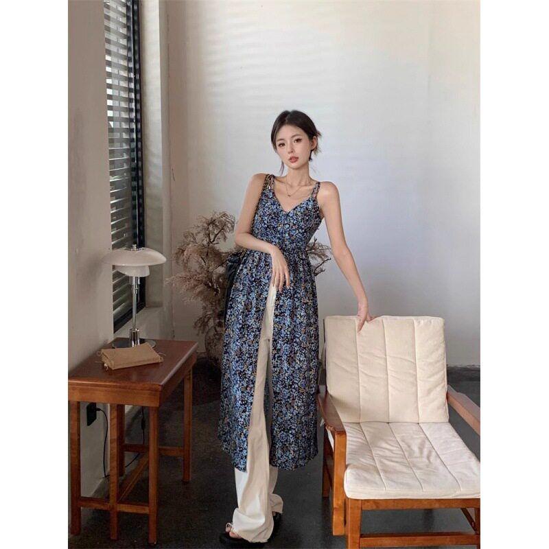French-Style Floral V-Neck Spaghetti Strap Dress for Women, Summer Sweet and Spicy Girl Dress, Blue Retro Elegant Slit Long Dress