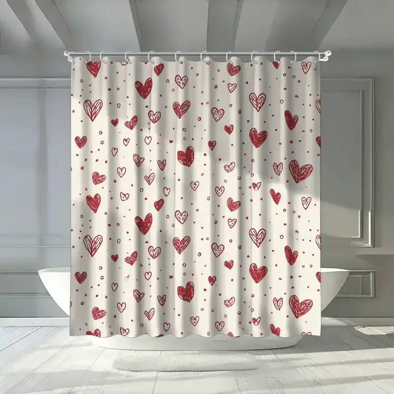 Rotes Herz Duschvorhang Cremefarbener Hintergrund Wasserdicht Schimmelresistent Badewannen-Einsatz Romantische Valentinstags-Dekoration Für Badezimmer Zuhause