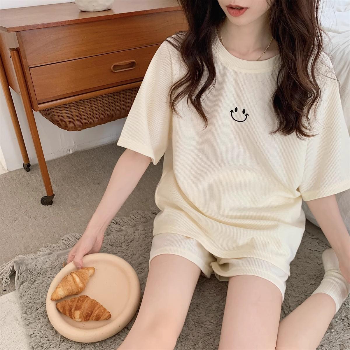 

Минималистский вафельный летний спортивный женский костюм с коротким рукавом XXL белый