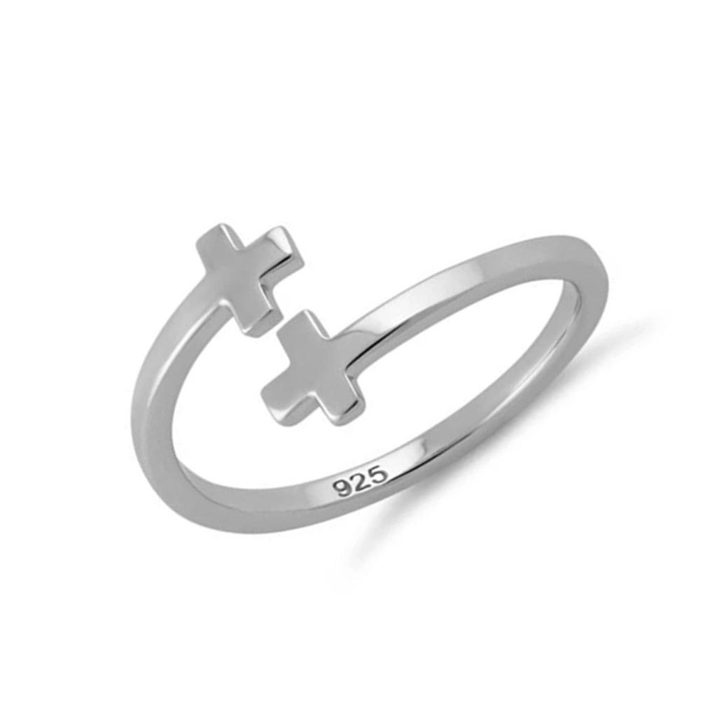 925 Sterling Silber Doppelkreuz Offener Verstellbarer Damenring
