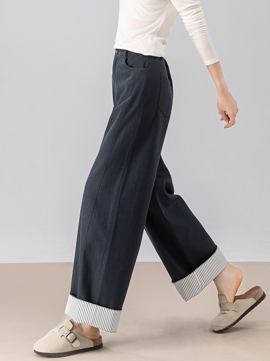 

Women s Retro Striped Wide-Leg Pants - Versatile Two-Way Wear, Spliced Design, Rolled Cuffs, Loose Fit, and Excellent Drape. 33