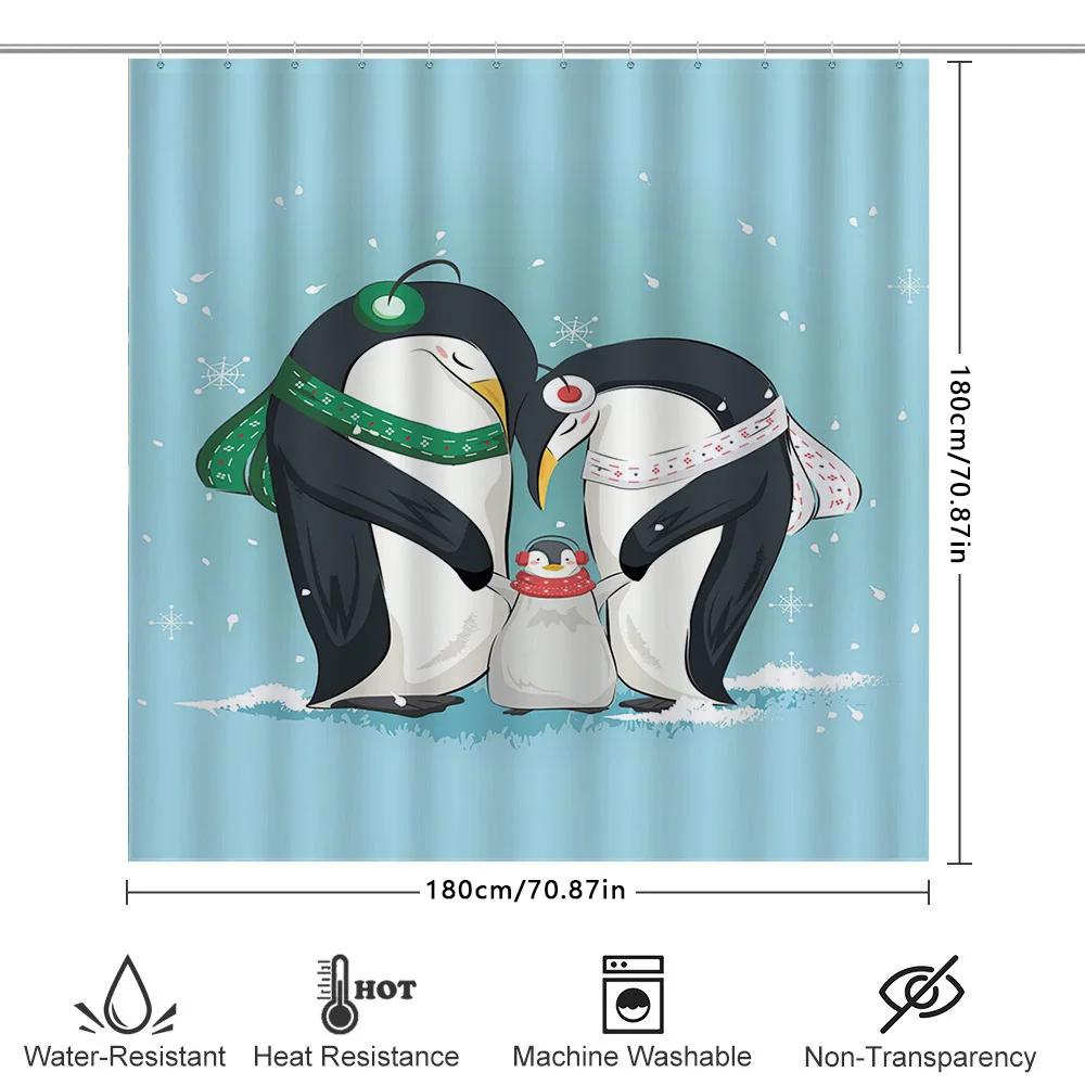 Blauer Duschvorhang mit entzückender Pinguinfamilie für die Winter-Heimdekoration Wasserdichtes Polyestergewebe Perfekte Ergänzung für das Badezimmer