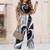 Women Plus Size Round Neck Short Sleeve Heart Printed Crop Top Wide Leg Pants Two Piece Set