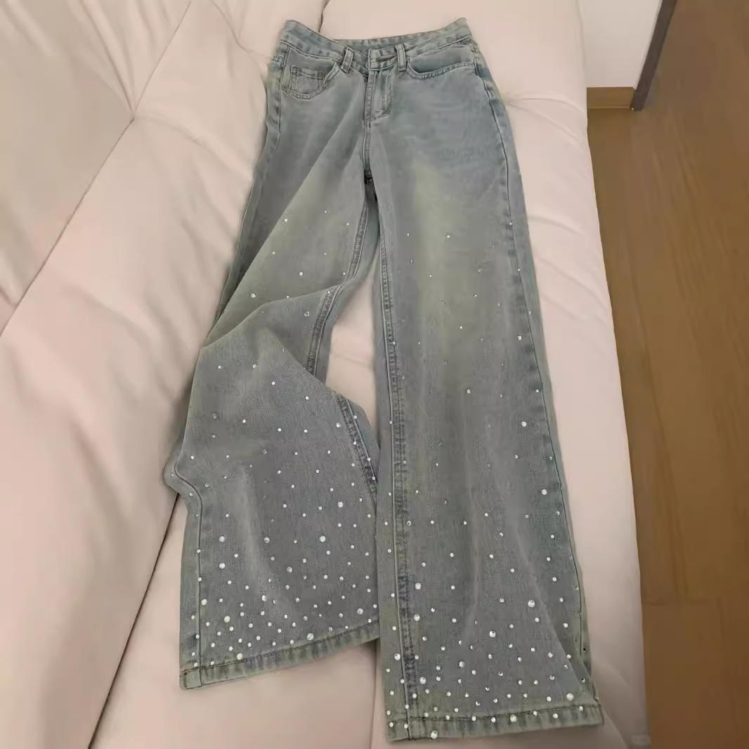 

Autumn High Waist Light Straight Jeans for Women - Plus Size, Slim Loose Fit, Wide Leg with Hot Diamond Design L