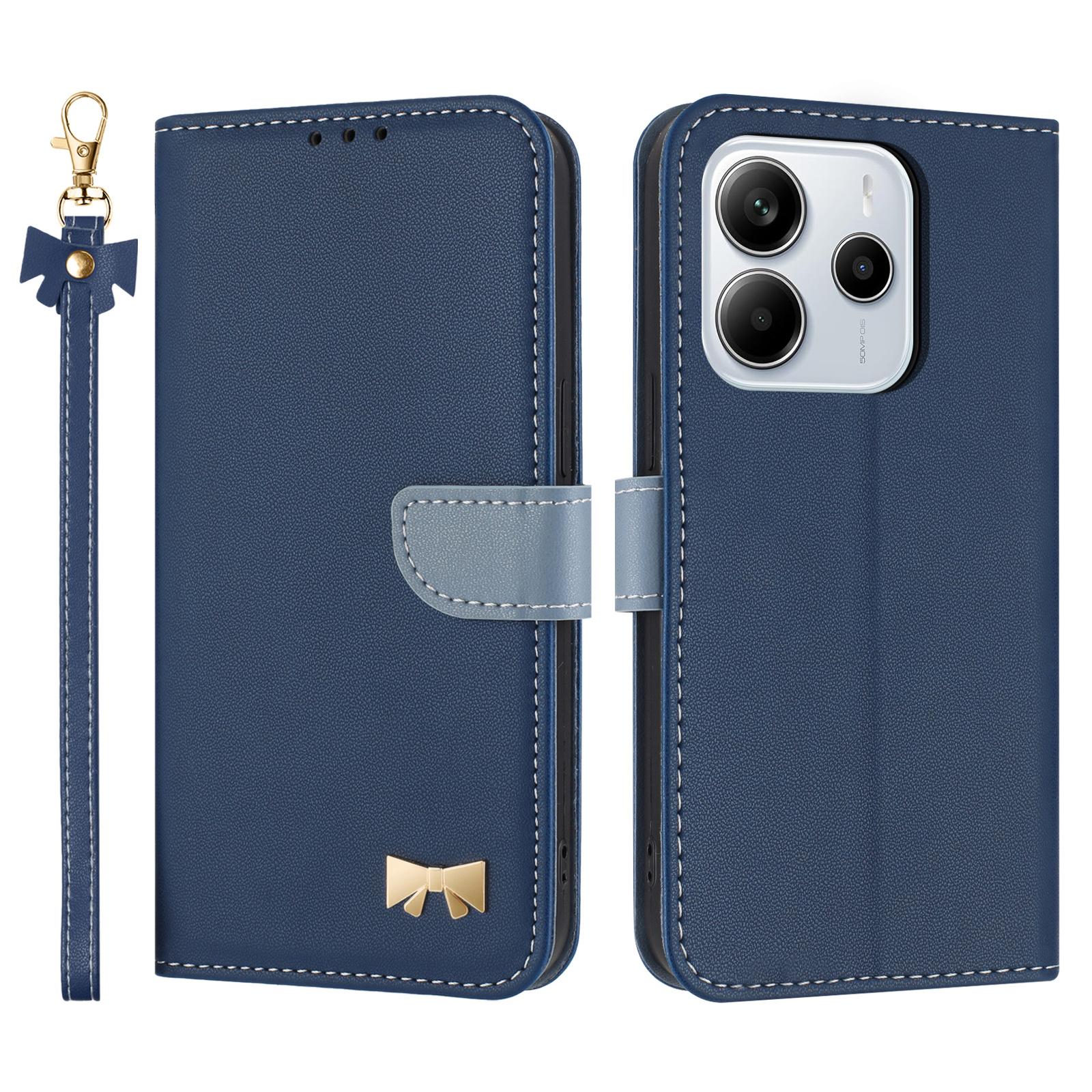 

For Xiaomi Redmi Note 14 4G (163.25mm) Case Bowknot Decor Wallet Leather Phone Cover with Wrist Strap C