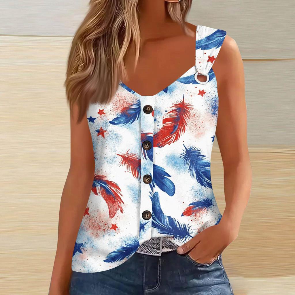 Women's Fashion Casual Loose Sleeveless Buttoned V-Neck Independence Day Printed T-Shirt Top