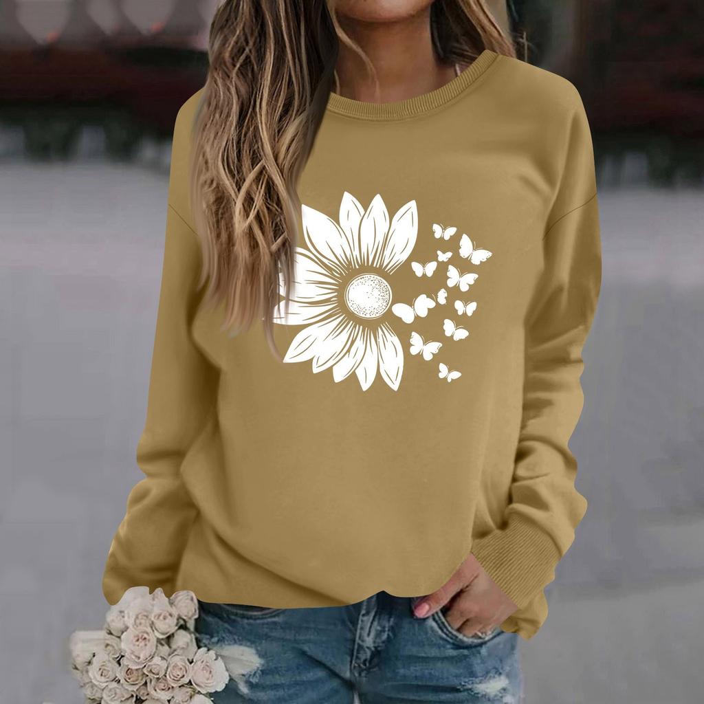 Women's Fashion Casual Long Sleeve Solid Color Printed Round Neck Top Sweatshirt