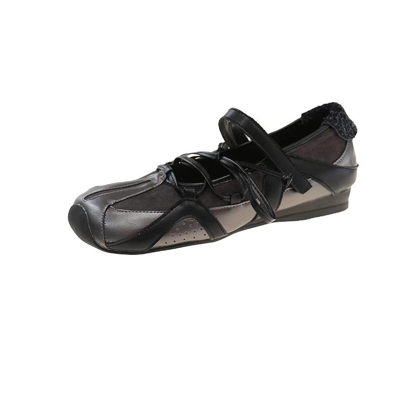 Women's Fashion Single Shoes 2025 New Flat Square Toe Velcro Mesh Ballet Shoes Hundred Cross Strap Soft Bottom Mary Jane Shoes