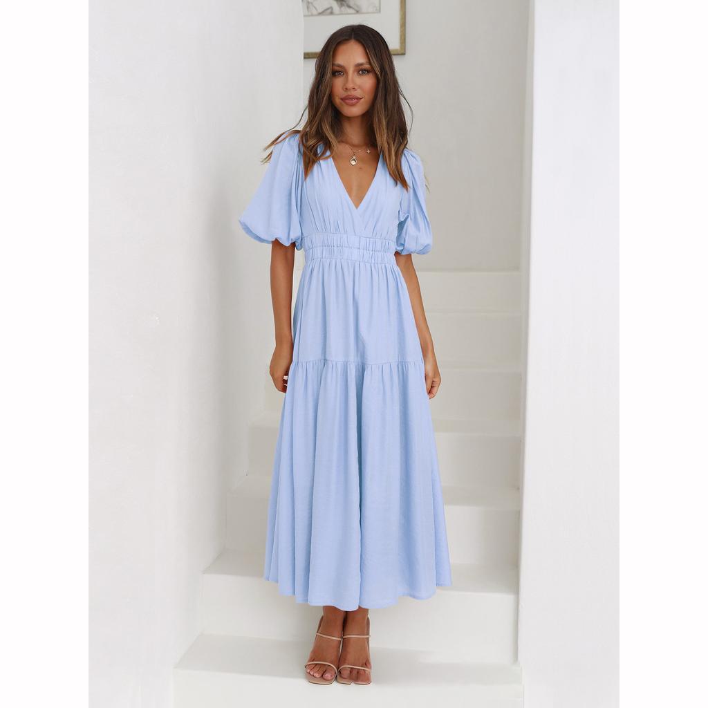 Women's V Neck Formal Lace V Neck Maxi Dress Ruffle Fringe Short Sleeve Boho Wedding Guest Long Dresses