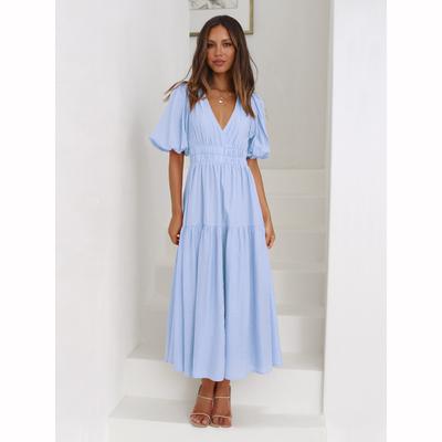 Women's V Neck Formal Lace V Neck Maxi Dress Ruffle Fringe Short Sleeve Boho Wedding Guest Long Dresses