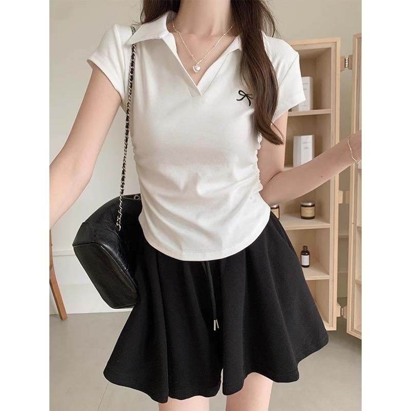 

Футболка с короткими рукавами и вышитым бантом на правом плече для женщин, летняя, утягивающая талию, короткий топ с воротником-поло XL