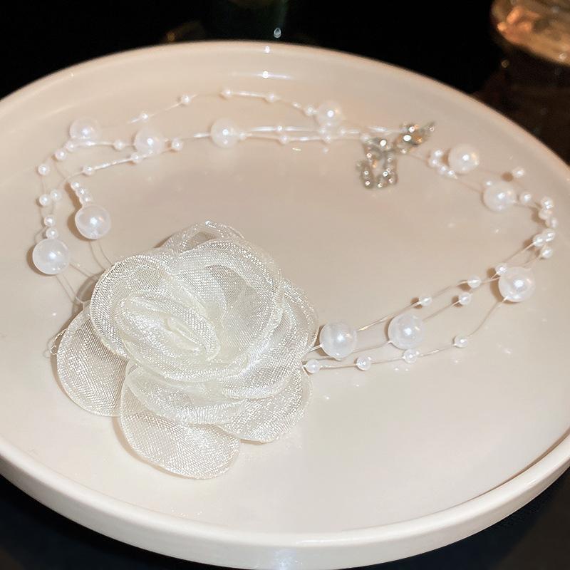 Super fairy three-layer imitation pearl mesh flower choker necklace sweet Internet celebrity neck necklace