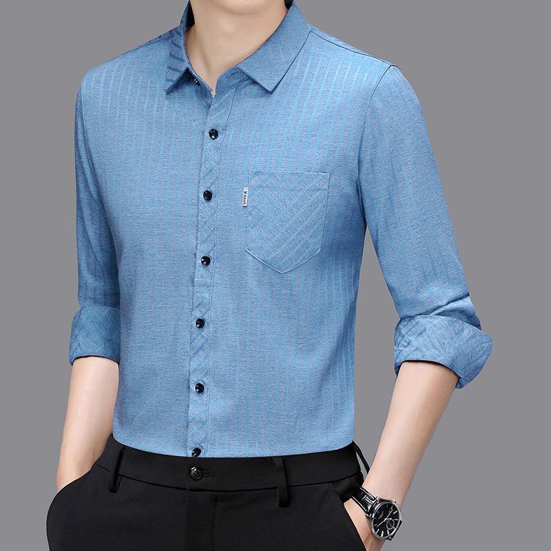 Smooth Anti-pilling Mulberry Silk Men's Long-sleeved Shirt Spring and Autumn New Striped Shirt No Ironing