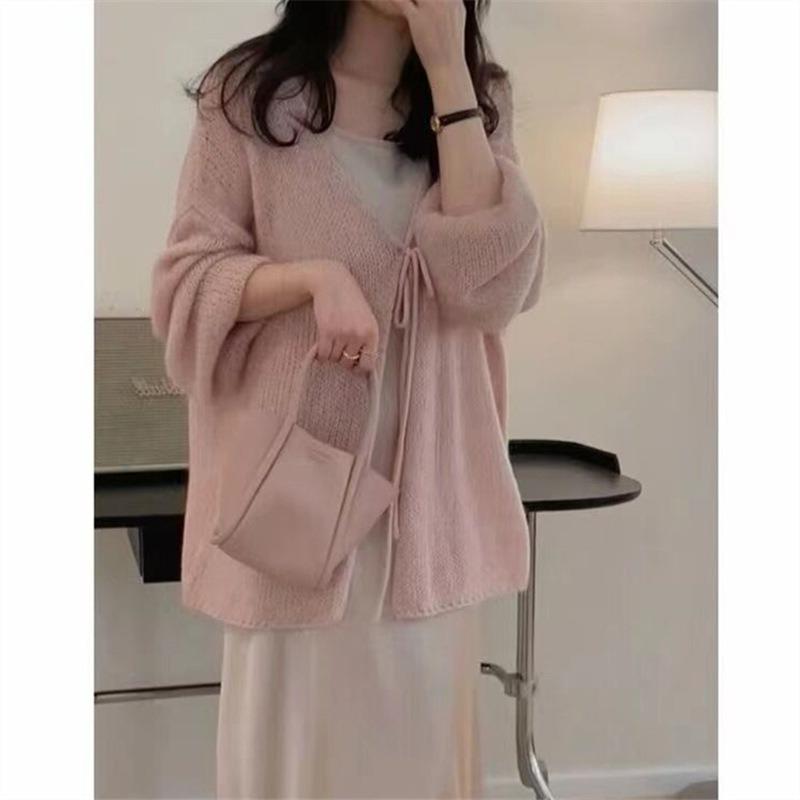 Long-sleeved knitted cardigan women's autumn lace-up solid color with lazy gentle wind loose early spring knitted jacket